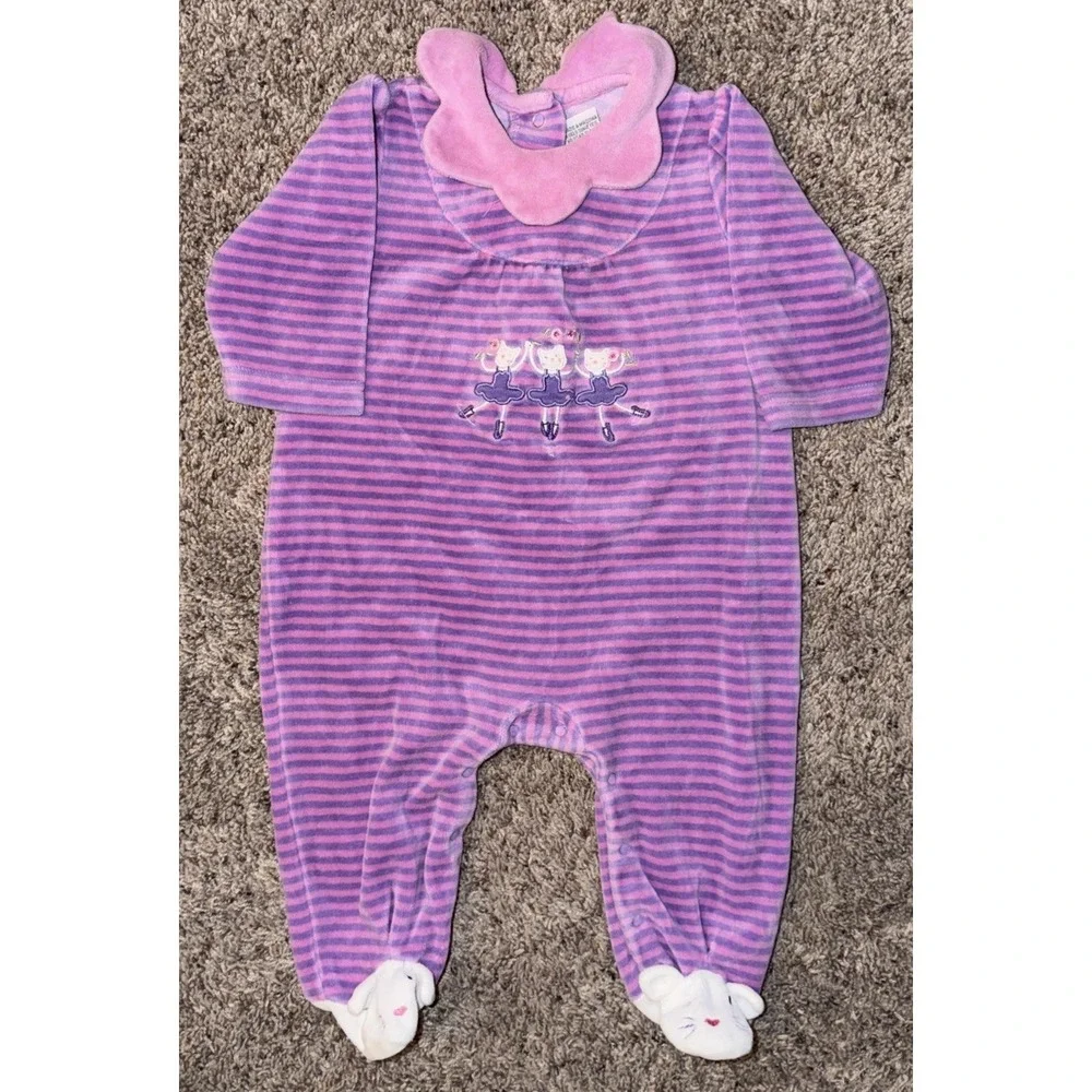 Le Top Baby Girl 3M Pink Purple Stripe Velour Footed Romper Ballerina Cats Vtg‎